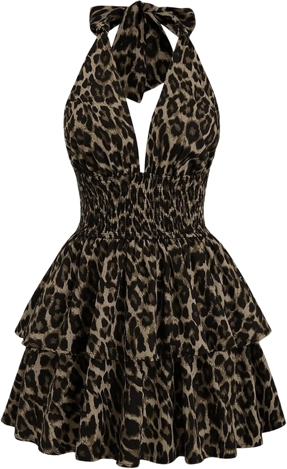 MakeMeChic Women's Leopard Print Halter Dress Tie Backless Tiered Ruffle Shirred Y2k Mini Dresses