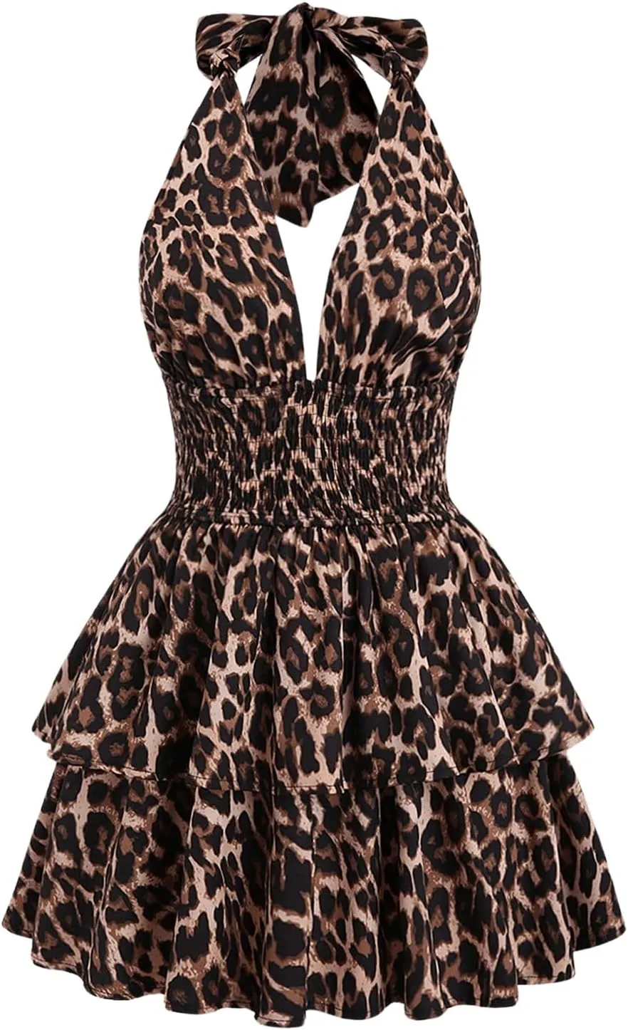 MakeMeChic Women's Leopard Print Halter Dress Tie Backless Tiered Ruffle Shirred Y2k Mini Dresses