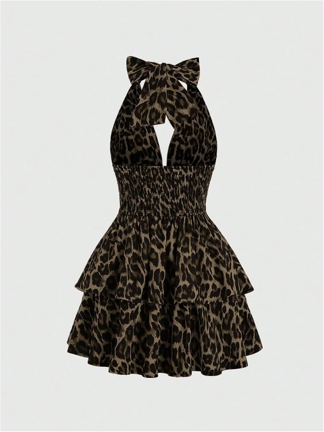 MakeMeChic Women's Leopard Print Halter Dress Tie Backless Tiered Ruffle Shirred Y2k Mini Dresses