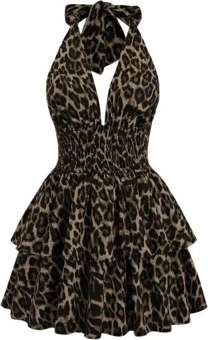 MakeMeChic Women's Leopard Print Halter Dress Tie Backless Tiered Ruffle Shirred Y2k Mini Dresses