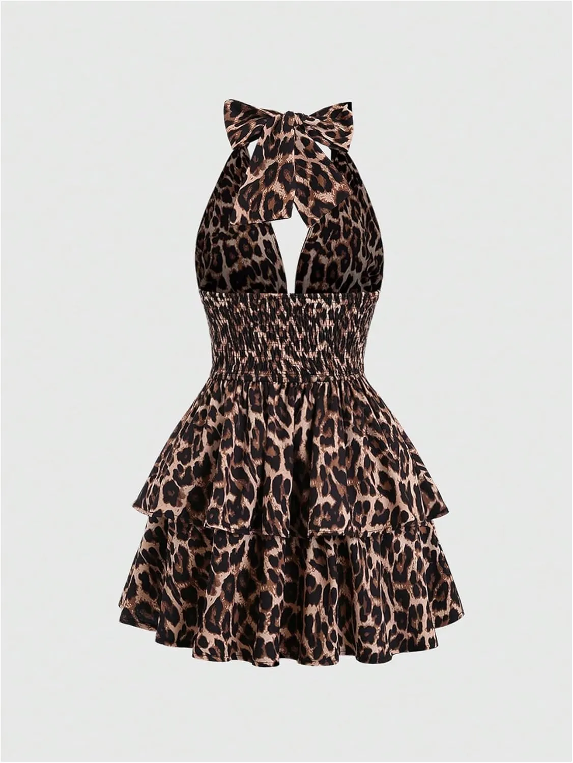 MakeMeChic Women's Leopard Print Halter Dress Tie Backless Tiered Ruffle Shirred Y2k Mini Dresses