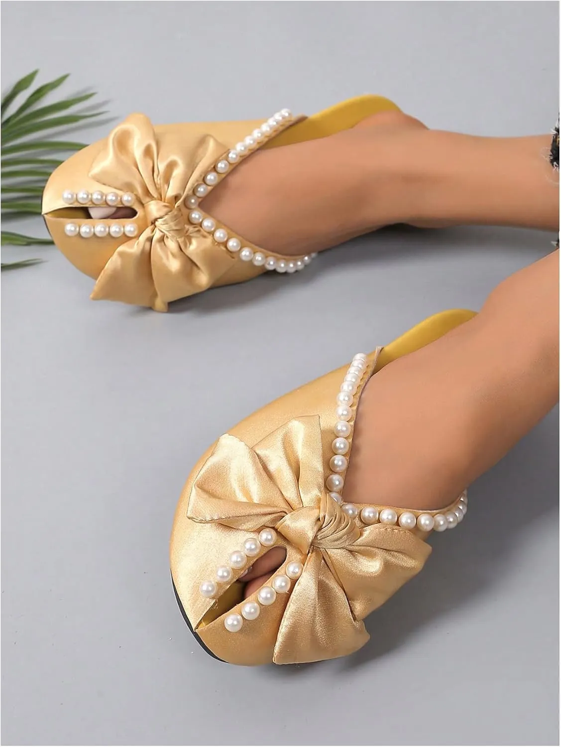 MakeMeChic Women's Pearls Bow Flat Sandals PU Leather Slip On Outdoor Sandals