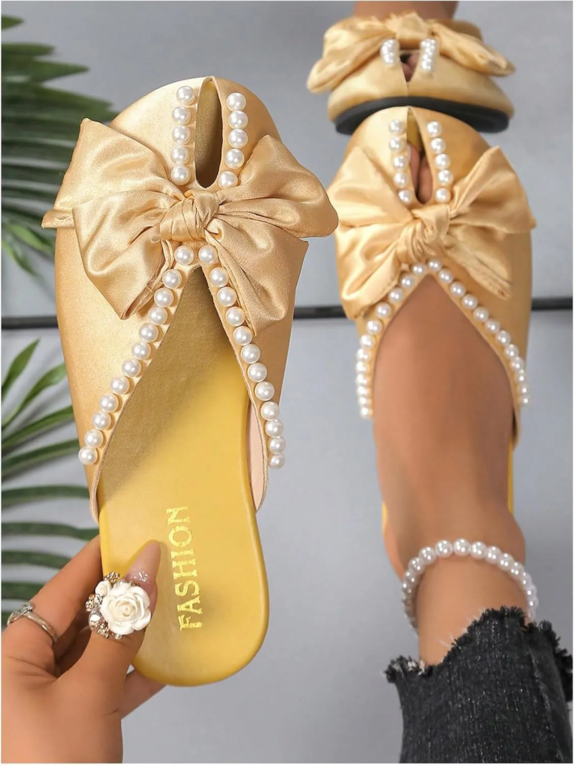 MakeMeChic Women's Pearls Bow Flat Sandals PU Leather Slip On Outdoor Sandals