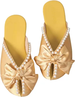MakeMeChic Women's Pearls Bow Flat Sandals PU Leather Slip On Outdoor Sandals