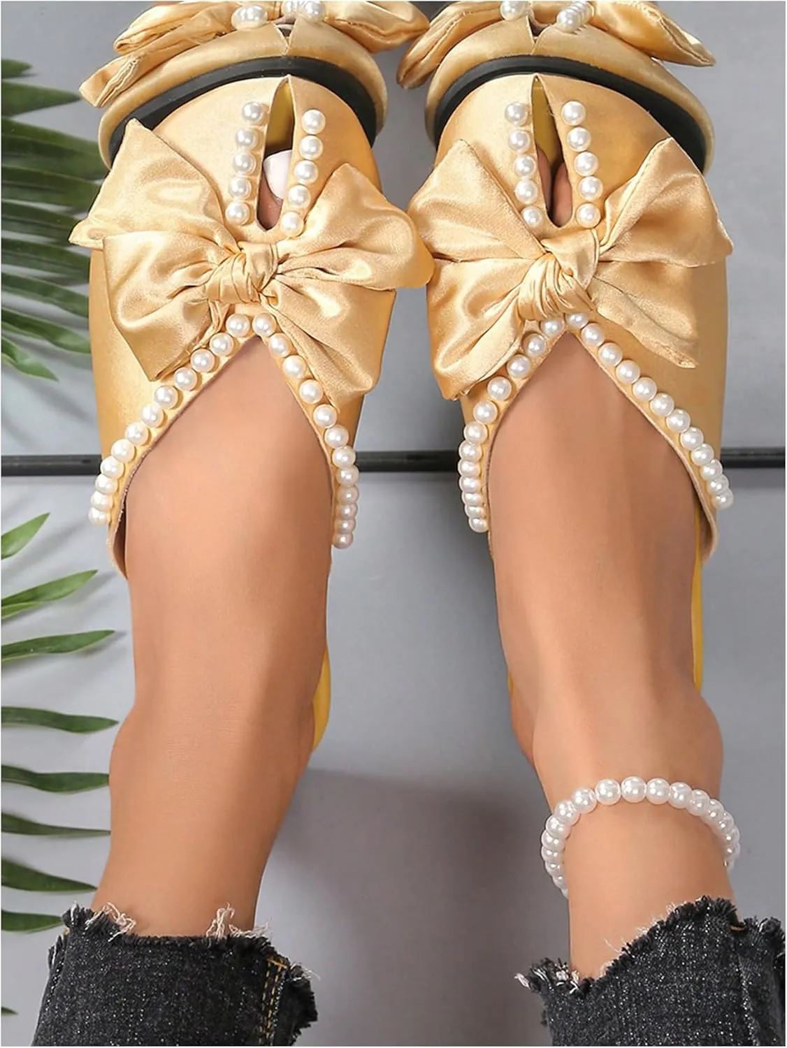 MakeMeChic Women's Pearls Bow Flat Sandals PU Leather Slip On Outdoor Sandals