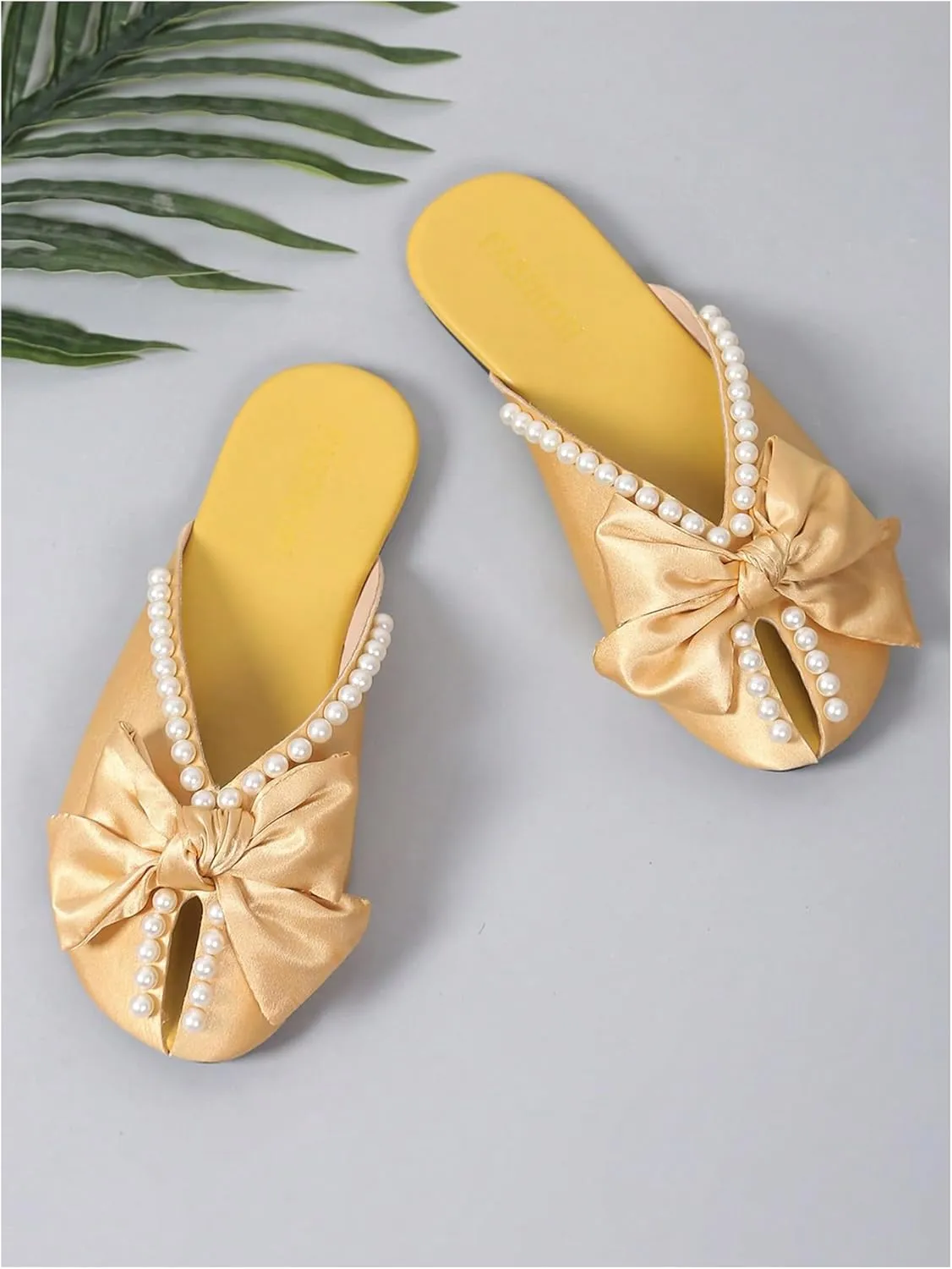 MakeMeChic Women's Pearls Bow Flat Sandals PU Leather Slip On Outdoor Sandals