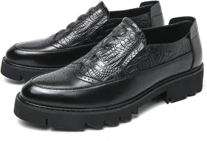 Men's Crocodile Pattern Leather Loafers Black Slip-On Oxfords with Chunky Platform Sole Brogue Perforated Design Comfortable Wedding Dress Shoes for Men