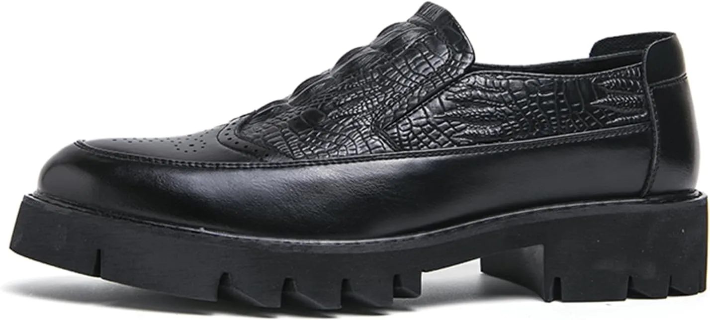 Men's Crocodile Pattern Leather Loafers Black Slip-On Oxfords with Chunky Platform Sole Brogue Perforated Design Comfortable Wedding Dress Shoes for Men