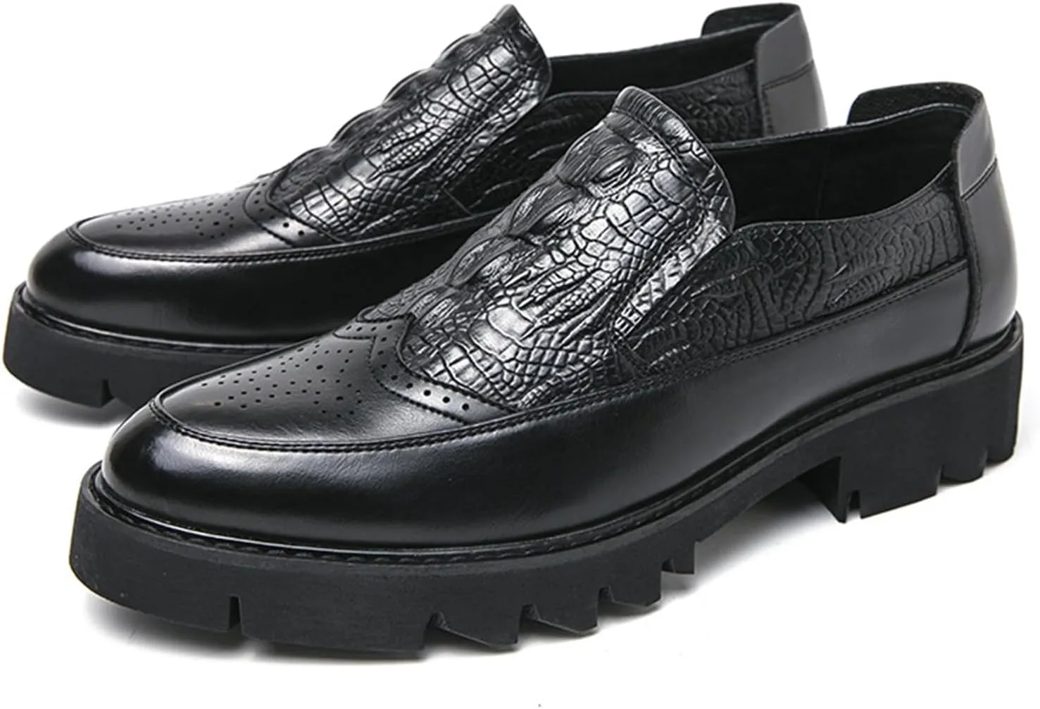 Men's Crocodile Pattern Leather Loafers Black Slip-On Oxfords with Chunky Platform Sole Brogue Perforated Design Comfortable Wedding Dress Shoes for Men