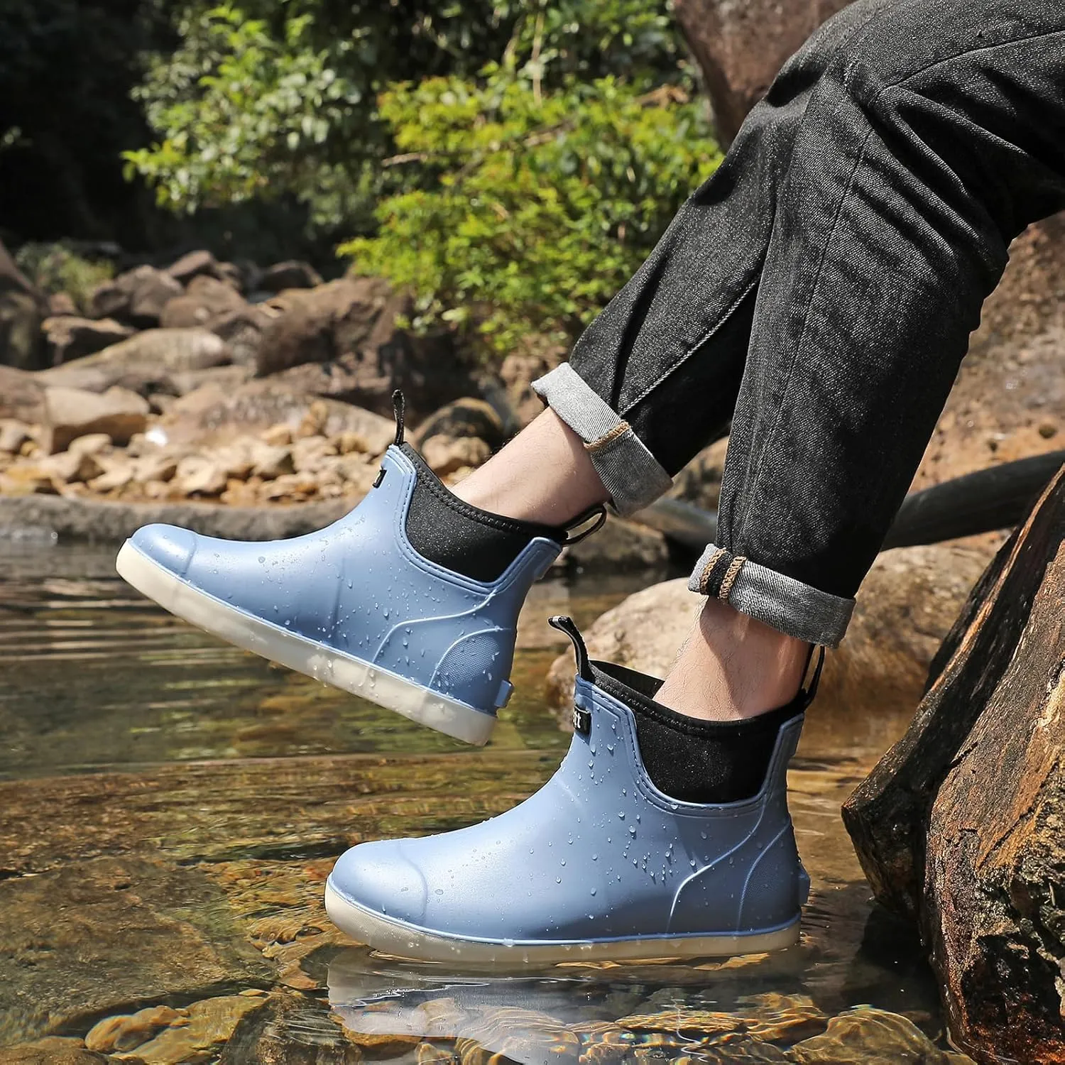 Men’s Deck Boots, Waterproof Men High Traction Fishing Boots, Lightweight Garden Rain Boots, Rubber Boots for Work Ankle, Durable Water Shoes for Boat