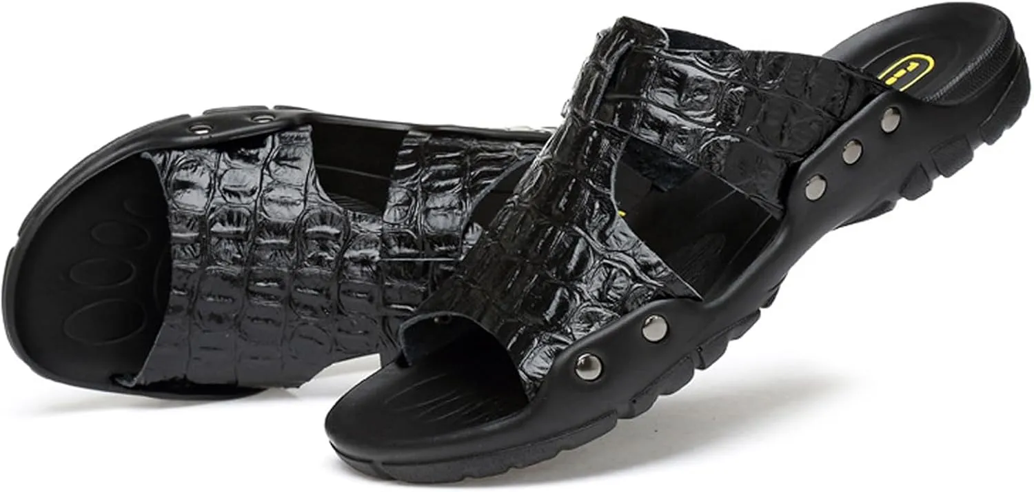 Men'S Genuine Leather Alligator Printed Flat Sandals Fashion Round Open Toe Slip-On Soft Sole Male Slide Sandals Summer Leisure Non-Slip Beach Sandals