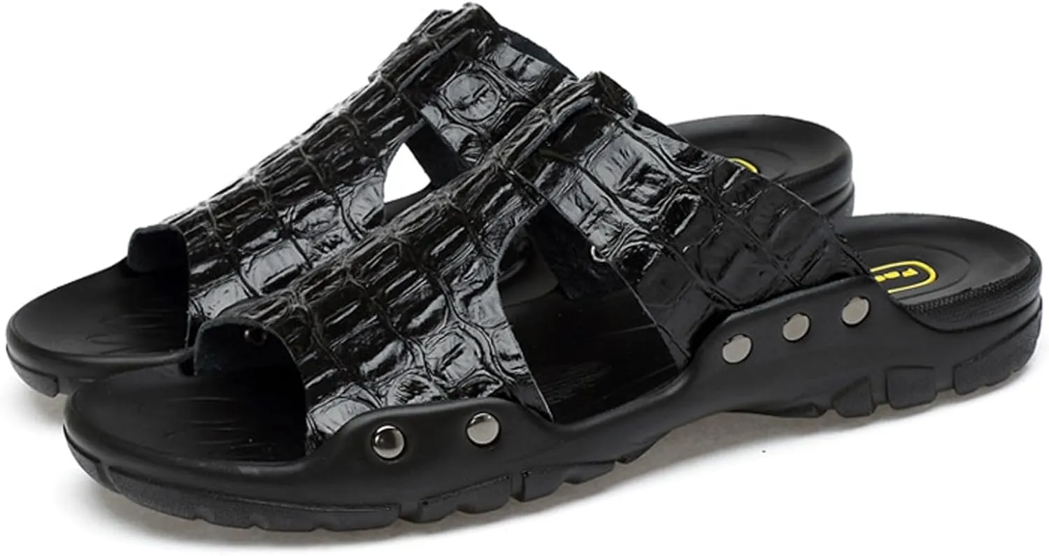 Men'S Genuine Leather Alligator Printed Flat Sandals Fashion Round Open Toe Slip-On Soft Sole Male Slide Sandals Summer Leisure Non-Slip Beach Sandals