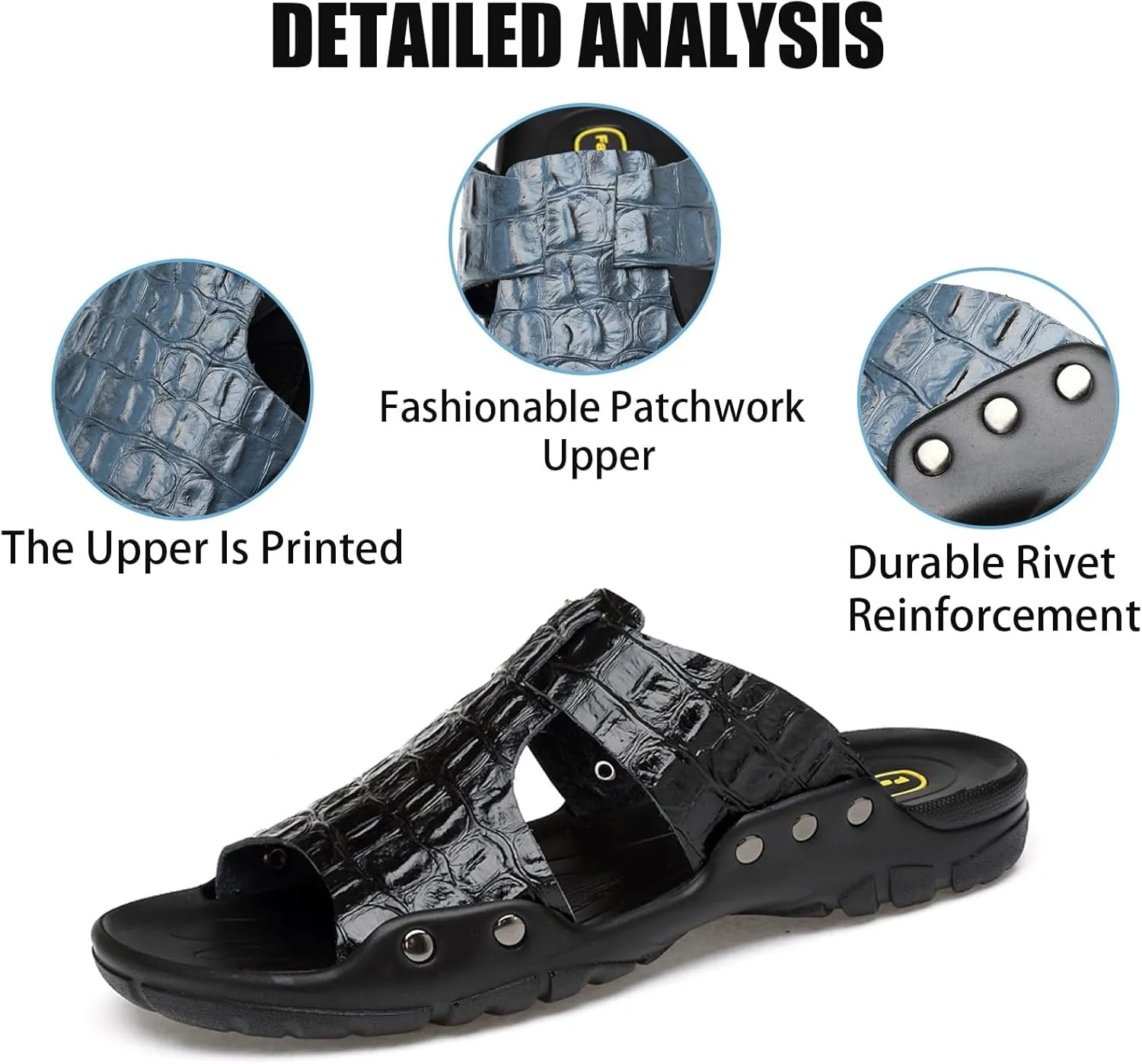 Men'S Genuine Leather Alligator Printed Flat Sandals Fashion Round Open Toe Slip-On Soft Sole Male Slide Sandals Summer Leisure Non-Slip Beach Sandals