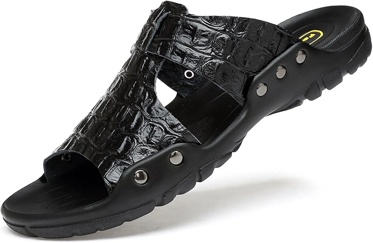 Men'S Genuine Leather Alligator Printed Flat Sandals Fashion Round Open Toe Slip-On Soft Sole Male Slide Sandals Summer Leisure Non-Slip Beach Sandals