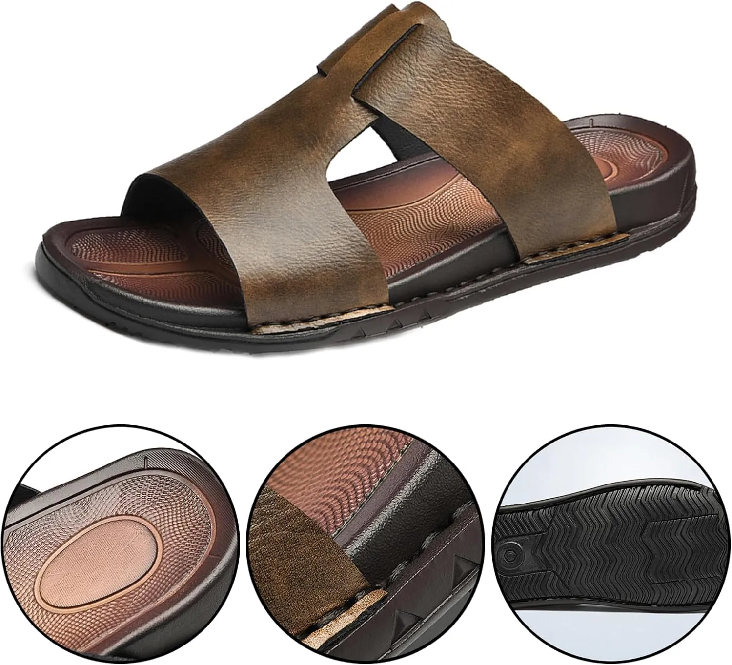 Men's Handmade Leather Anti-Slip Flats Slides,Lightweight Open Toe Slip-On Beach Sandals,for Summer Outdoor Breathable Slippers