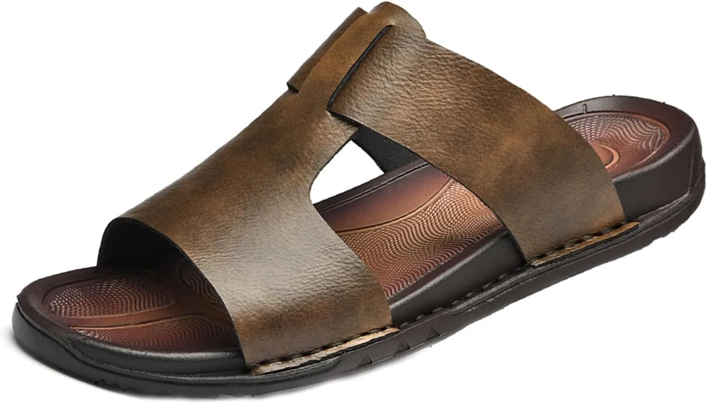 Men's Handmade Leather Anti-Slip Flats Slides,Lightweight Open Toe Slip-On Beach Sandals,for Summer Outdoor Breathable Slippers