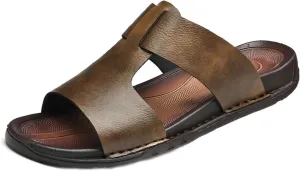 Men's Handmade Leather Anti-Slip Flats Slides,Lightweight Open Toe Slip-On Beach Sandals,for Summer Outdoor Breathable Slippers
