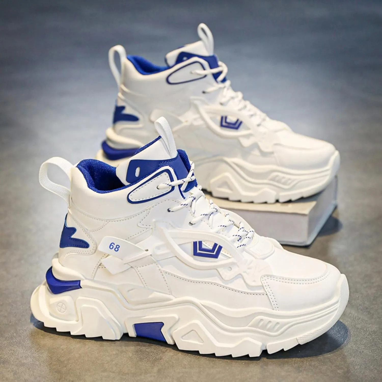 Men's High Top Fashion Leather Chunky Sneakers Casual Platform Non-Slip Athletic Street Walking Driving Tennis Shoes