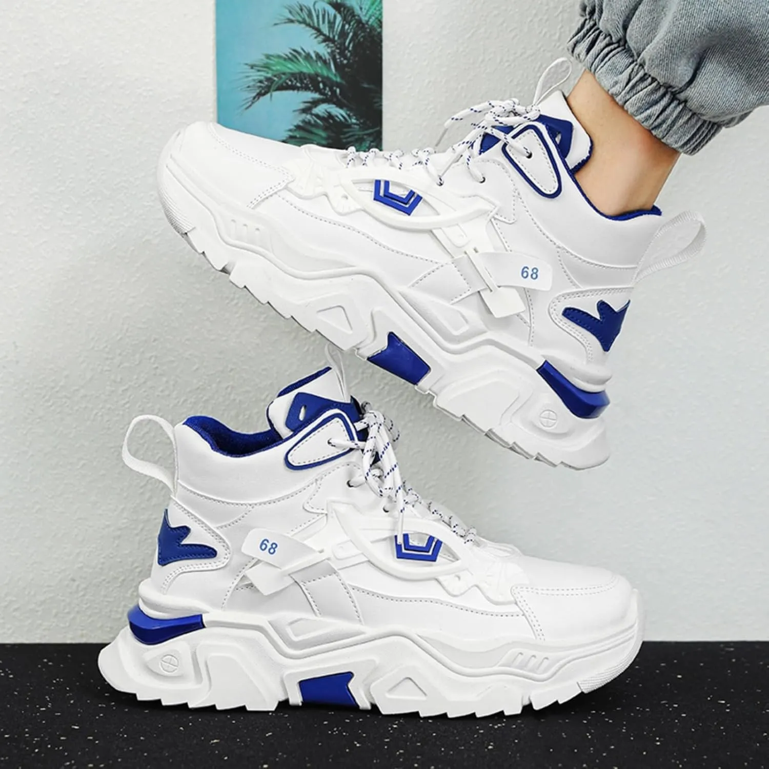 Men's High Top Fashion Leather Chunky Sneakers Casual Platform Non-Slip Athletic Street Walking Driving Tennis Shoes