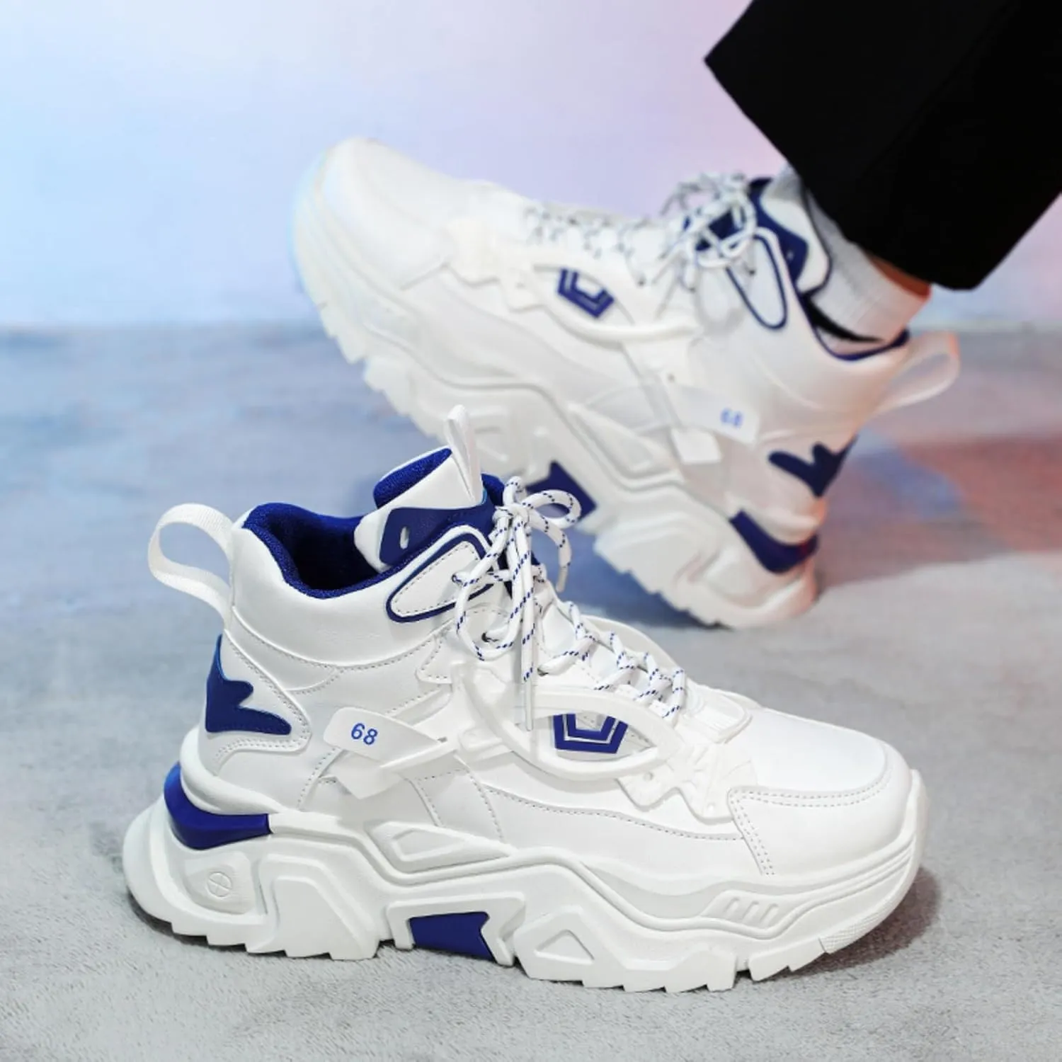 Men's High Top Fashion Leather Chunky Sneakers Casual Platform Non-Slip Athletic Street Walking Driving Tennis Shoes