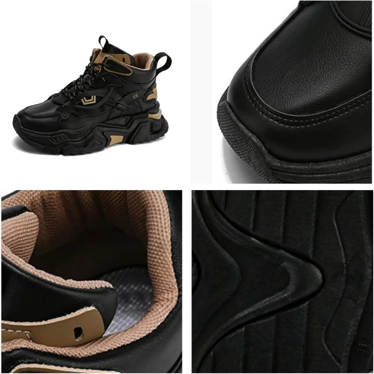 Men's High Top Fashion Leather Chunky Sneakers Casual Platform Non-Slip Athletic Street Walking Driving Tennis Shoes
