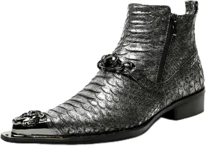 Mens Leather Boots, Retro Genuine Leather Short Boots Crocodile Pattern Large Size High Top Side Zipper Metal Toe Breathable Casual Shoes