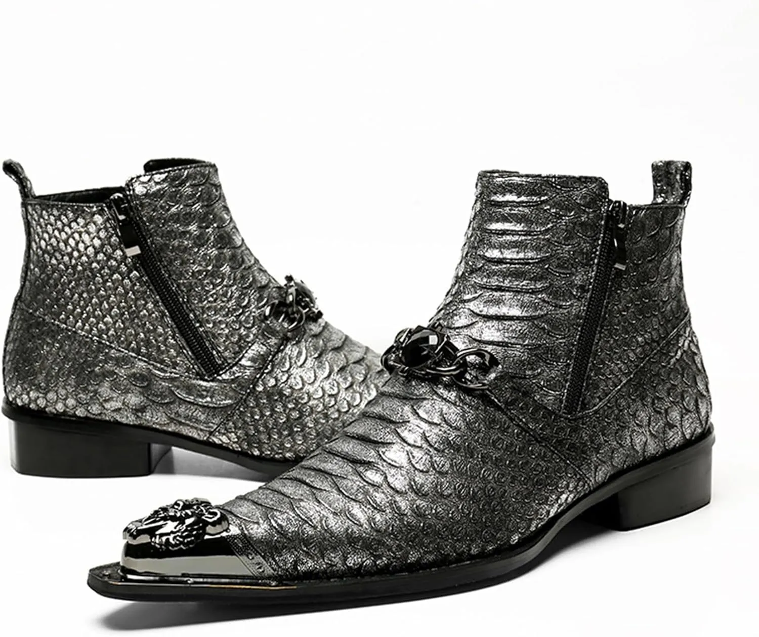 Mens Leather Boots, Retro Genuine Leather Short Boots Crocodile Pattern Large Size High Top Side Zipper Metal Toe Breathable Casual Shoes