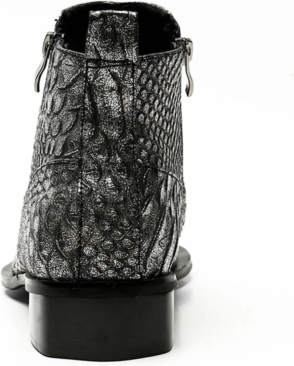 Mens Leather Boots, Retro Genuine Leather Short Boots Crocodile Pattern Large Size High Top Side Zipper Metal Toe Breathable Casual Shoes