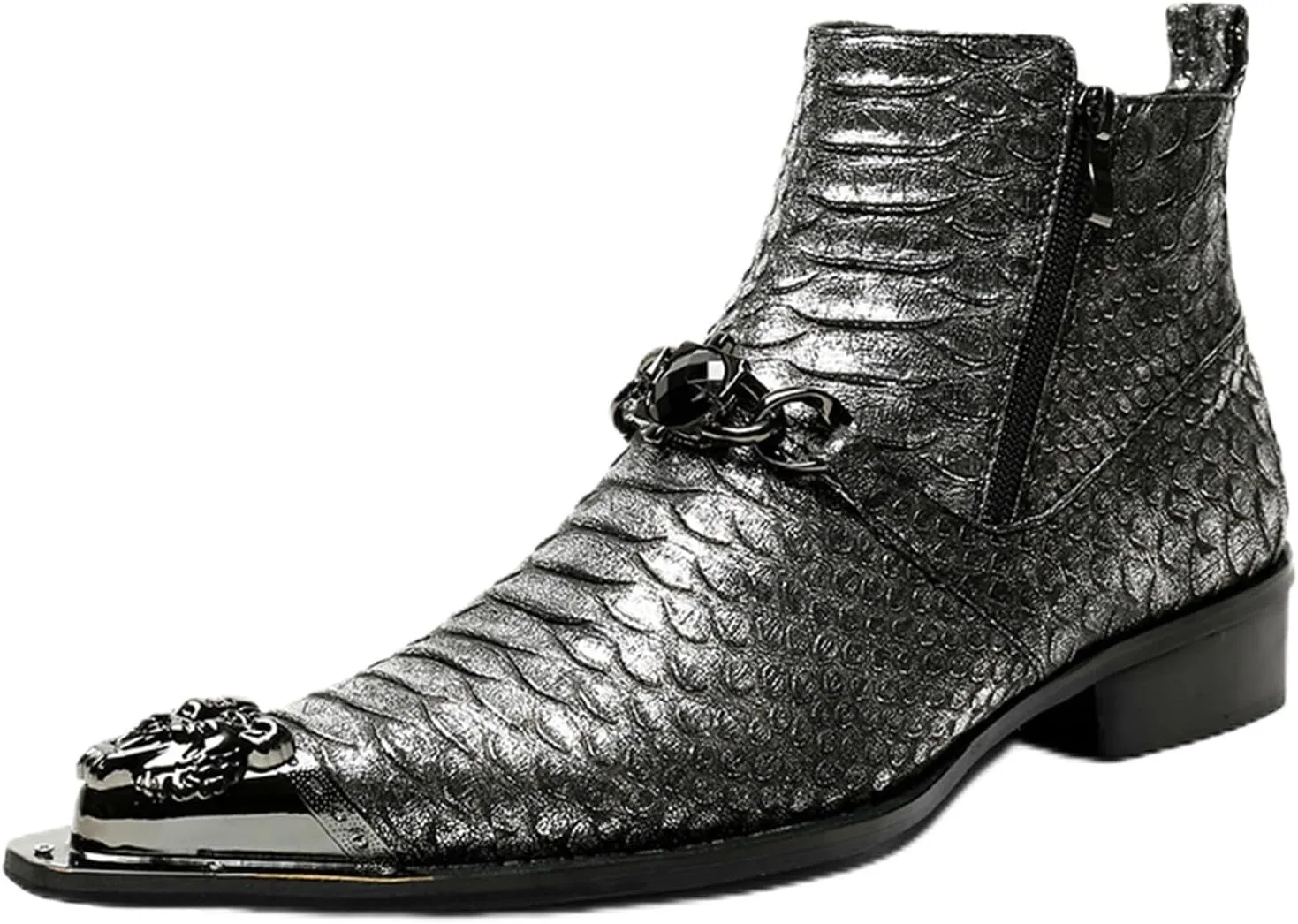 Mens Leather Boots, Retro Genuine Leather Short Boots Crocodile Pattern Large Size High Top Side Zipper Metal Toe Breathable Casual Shoes