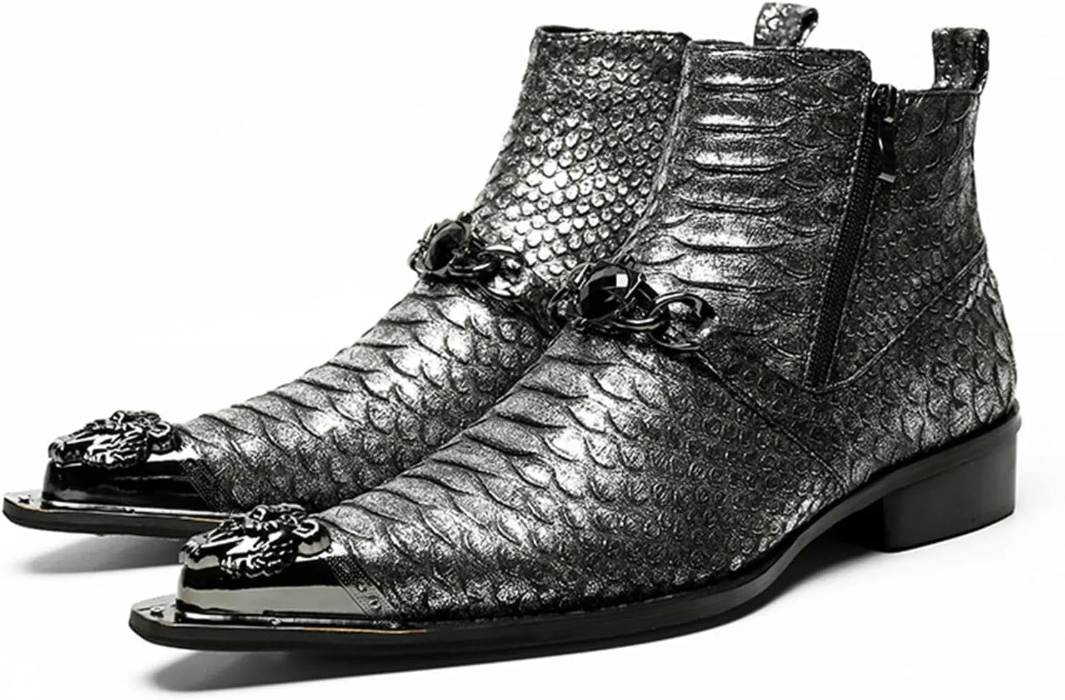 Mens Leather Boots, Retro Genuine Leather Short Boots Crocodile Pattern Large Size High Top Side Zipper Metal Toe Breathable Casual Shoes