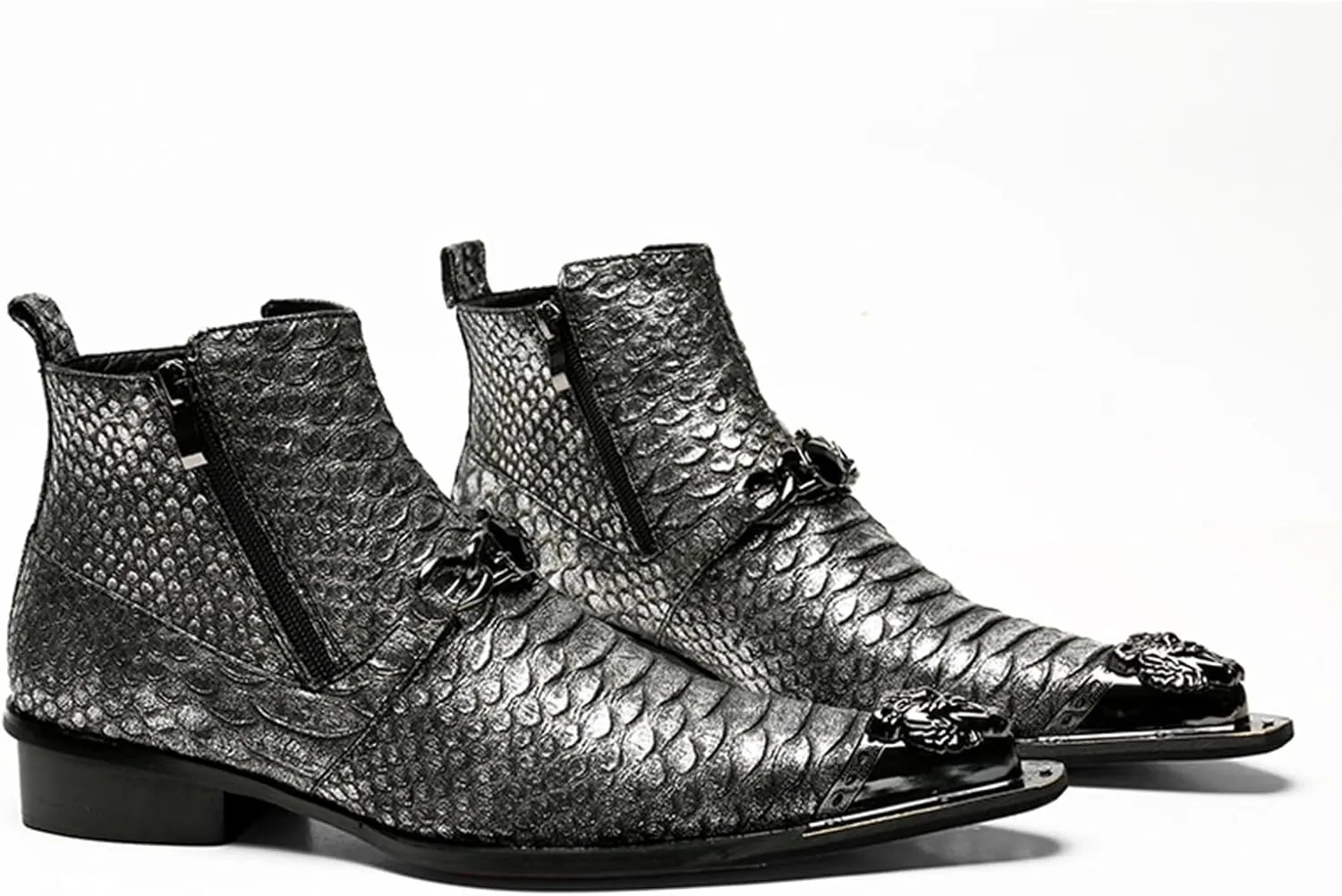 Mens Leather Boots, Retro Genuine Leather Short Boots Crocodile Pattern Large Size High Top Side Zipper Metal Toe Breathable Casual Shoes
