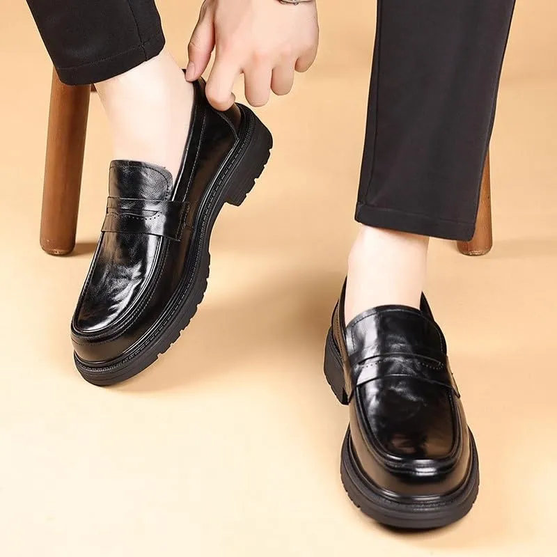Men's Round Toe Oxford Shoes Fashionable Slip-on Round Toe Non-Slip Medium Thick Leather Low Top Work Formal Shoes