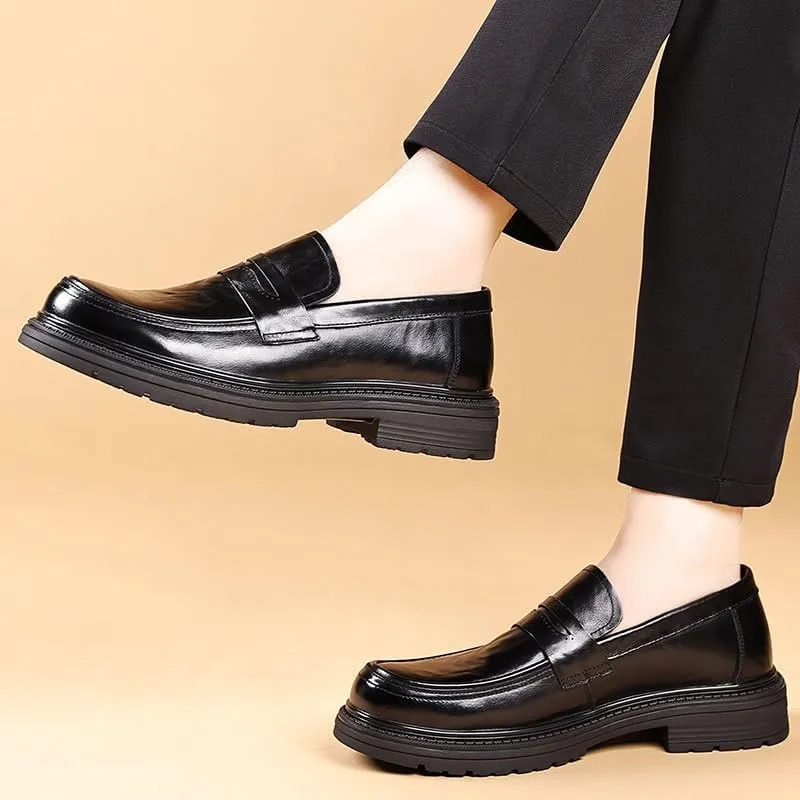Men's Round Toe Oxford Shoes Fashionable Slip-on Round Toe Non-Slip Medium Thick Leather Low Top Work Formal Shoes
