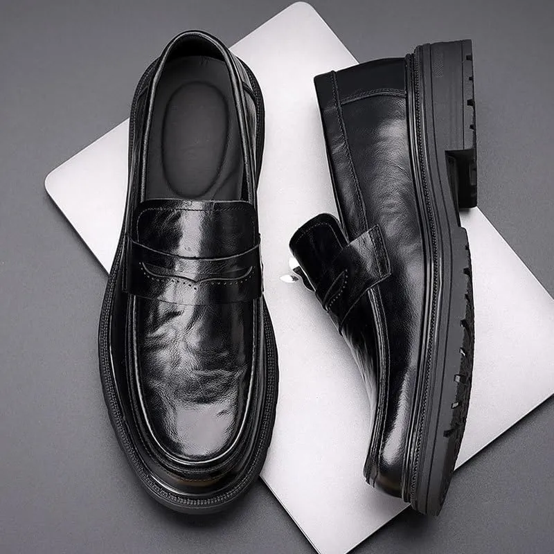Men's Round Toe Oxford Shoes Fashionable Slip-on Round Toe Non-Slip Medium Thick Leather Low Top Work Formal Shoes