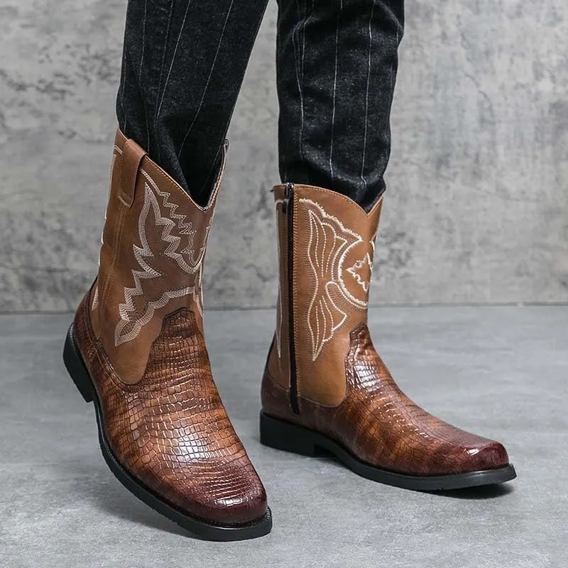 Men's Western Boots, Zipper, Men's Cowboy Boots, Biker Boots, Western Style Embroidery Pattern, Classic Western Boots, Crocodile Leather Styling Pattern Patchwork Design