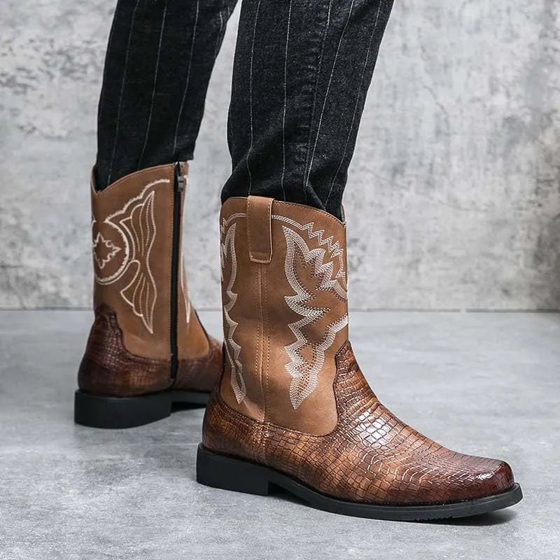 Men's Western Boots, Zipper, Men's Cowboy Boots, Biker Boots, Western Style Embroidery Pattern, Classic Western Boots, Crocodile Leather Styling Pattern Patchwork Design