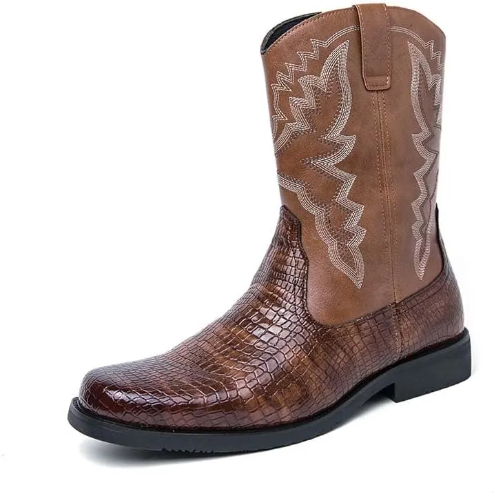Men's Western Boots, Zipper, Men's Cowboy Boots, Biker Boots, Western Style Embroidery Pattern, Classic Western Boots, Crocodile Leather Styling Pattern Patchwork Design
