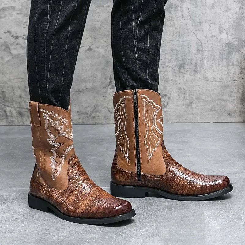 Men's Western Boots, Zipper, Men's Cowboy Boots, Biker Boots, Western Style Embroidery Pattern, Classic Western Boots, Crocodile Leather Styling Pattern Patchwork Design