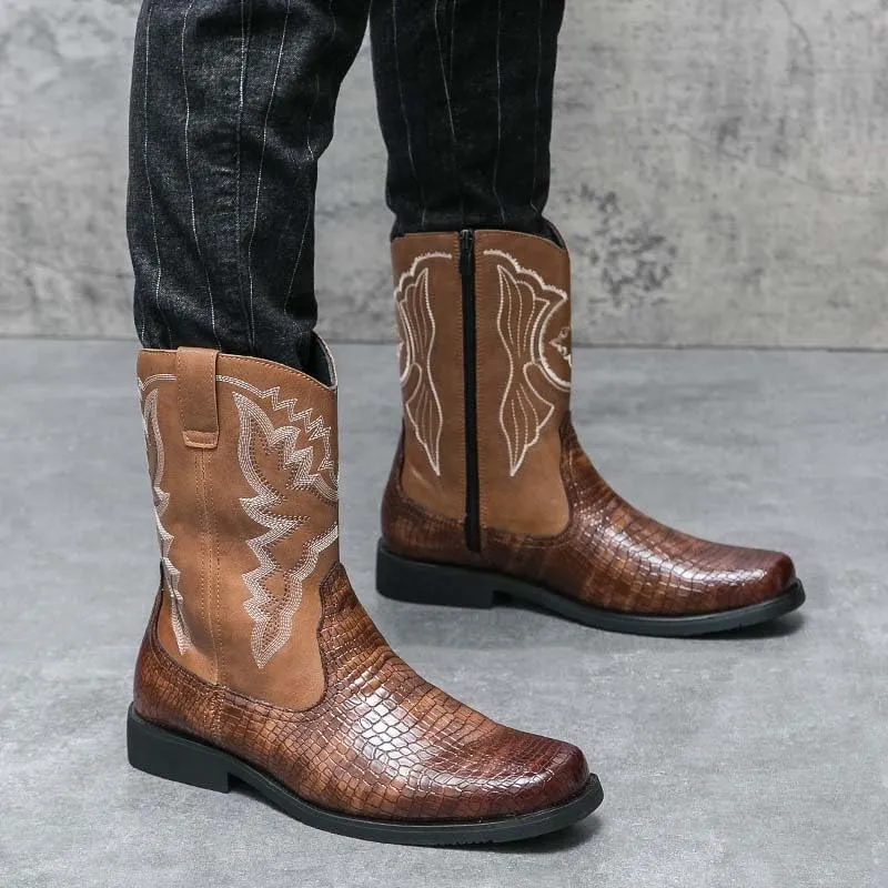 Men's Western Boots, Zipper, Men's Cowboy Boots, Biker Boots, Western Style Embroidery Pattern, Classic Western Boots, Crocodile Leather Styling Pattern Patchwork Design