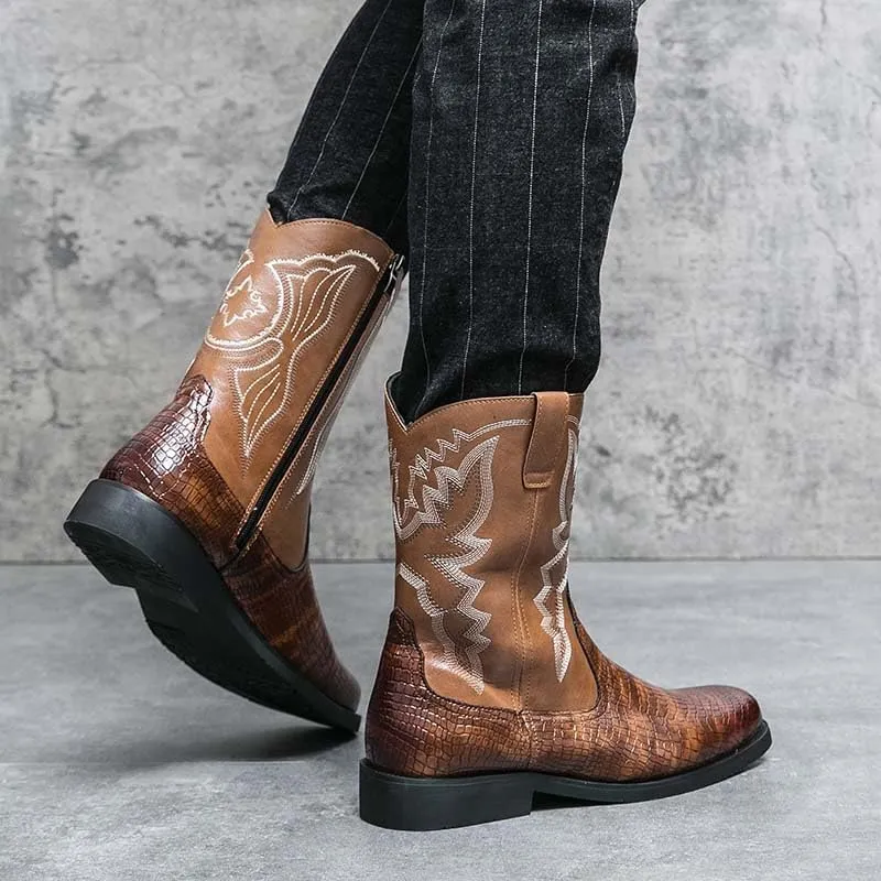 Men's Western Boots, Zipper, Men's Cowboy Boots, Biker Boots, Western Style Embroidery Pattern, Classic Western Boots, Crocodile Leather Styling Pattern Patchwork Design