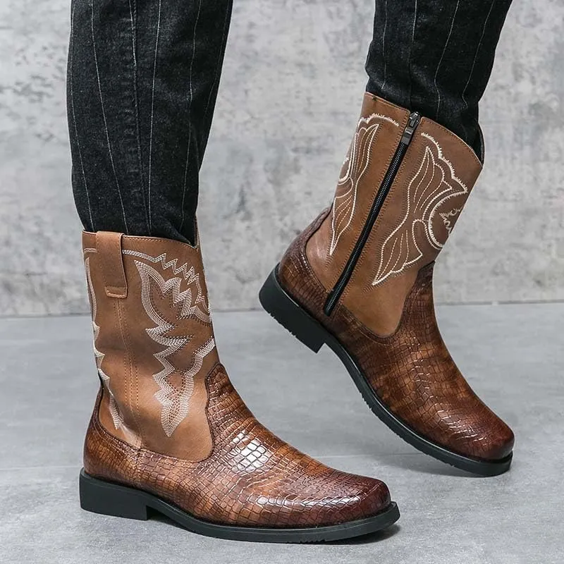 Men's Western Boots, Zipper, Men's Cowboy Boots, Biker Boots, Western Style Embroidery Pattern, Classic Western Boots, Crocodile Leather Styling Pattern Patchwork Design