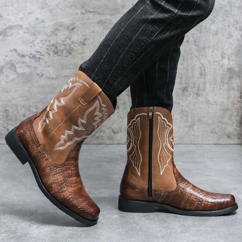 Men's Western Boots, Zipper, Men's Cowboy Boots, Biker Boots, Western Style Embroidery Pattern, Classic Western Boots, Crocodile Leather Styling Pattern Patchwork Design