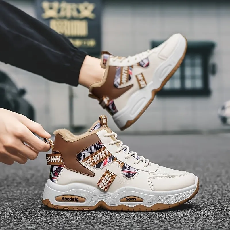 Men's Winter Warm Fleece-Lined Sneakers - Casual Sneakers with Lace-Up Closure, Non-Slip PVC Sole for Outdoor Activities