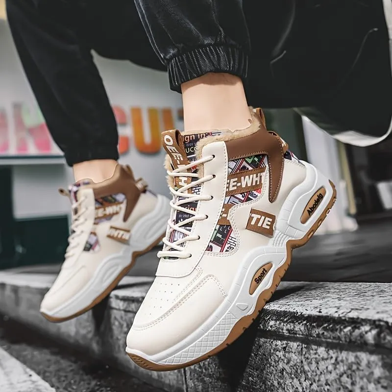 Men's Winter Warm Fleece-Lined Sneakers - Casual Sneakers with Lace-Up Closure, Non-Slip PVC Sole for Outdoor Activities