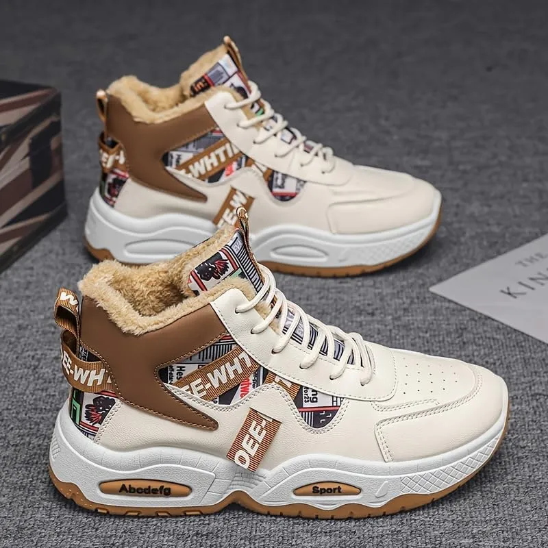 Men's Winter Warm Fleece-Lined Sneakers - Casual Sneakers with Lace-Up Closure, Non-Slip PVC Sole for Outdoor Activities