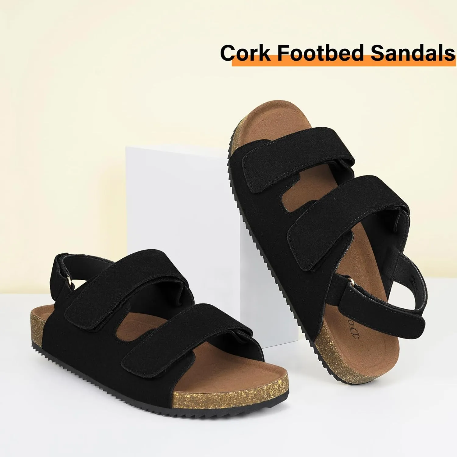 Mens Womens Cork Footbed Sandals Suede Leather Flat Sandals Arch Support Orthotic Summer Slip on Open Toe Outdoor Slide Shoes with Adjustable Double Strap & Back Strap