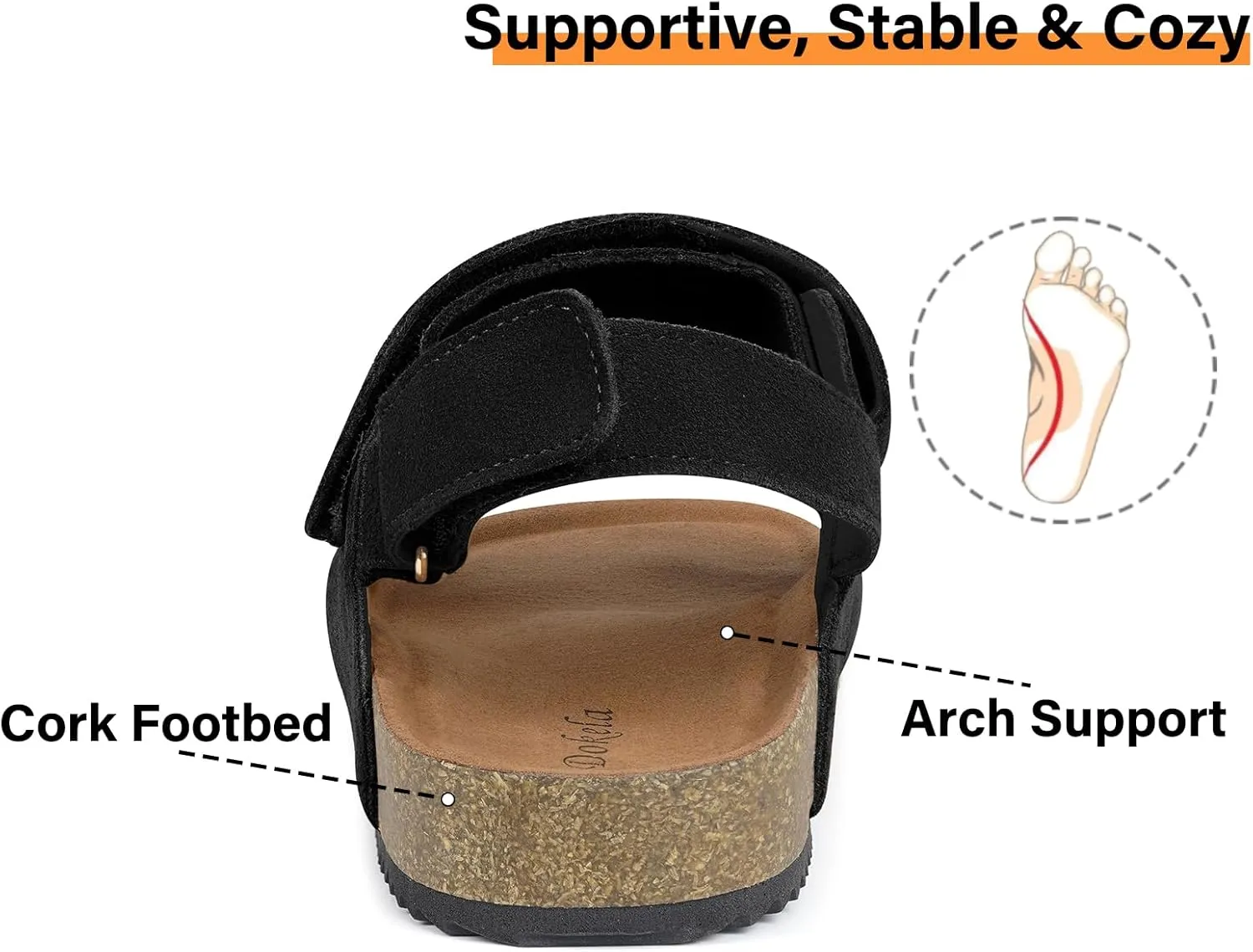 Mens Womens Cork Footbed Sandals Suede Leather Flat Sandals Arch Support Orthotic Summer Slip on Open Toe Outdoor Slide Shoes with Adjustable Double Strap & Back Strap