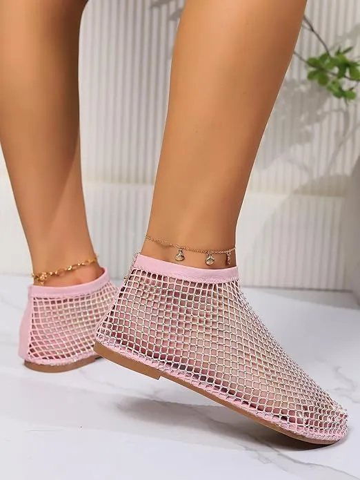 Mesh Flats for Women Ultra Comfortable Shiny Gem Mesh Flats Shiny Stylish Flats Sparkle Shoes Sandals