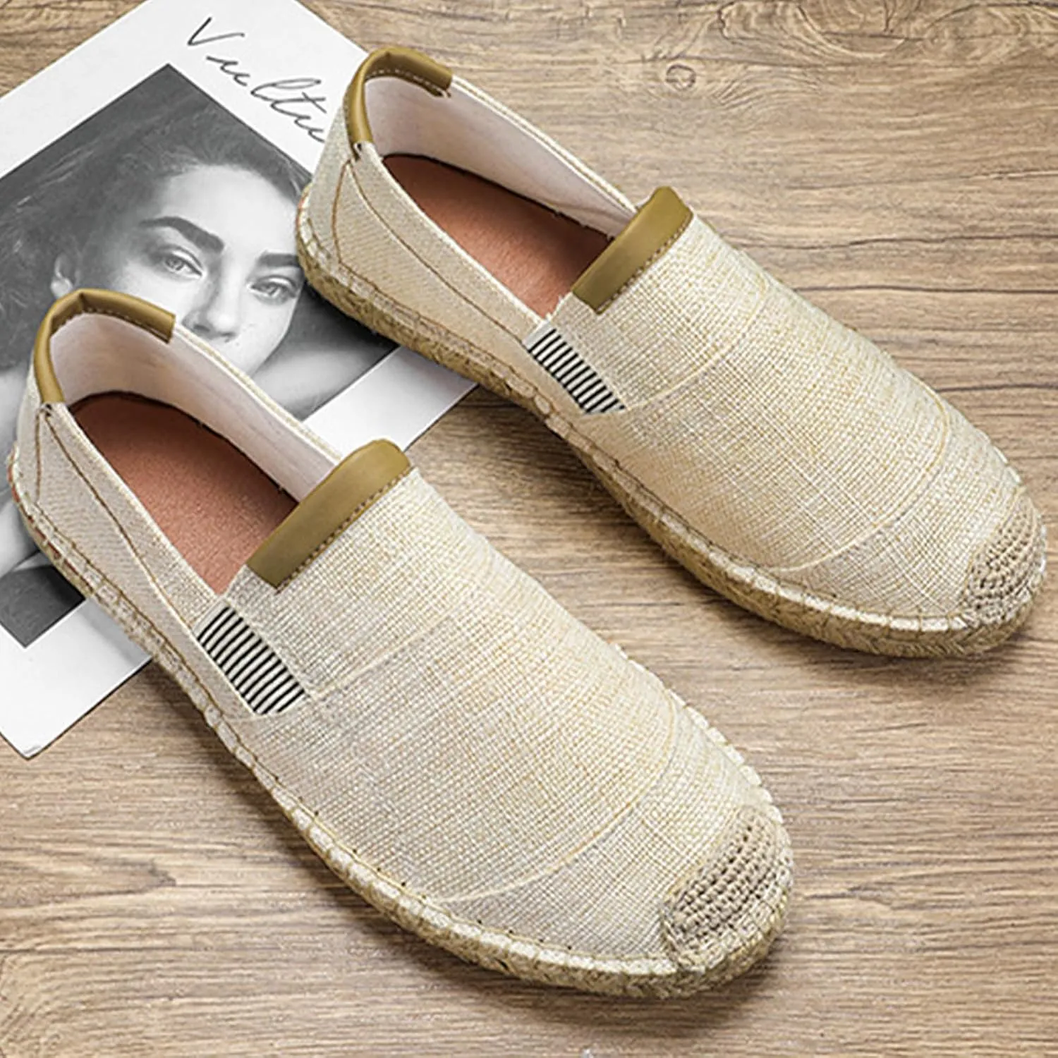 MILDSEVEN Fashion Men's Traditional Chinese Linen Shoes, Classics Slip On Casual Footwear, Retro Handmade Soft Breathable Loafers,6.5,Beige