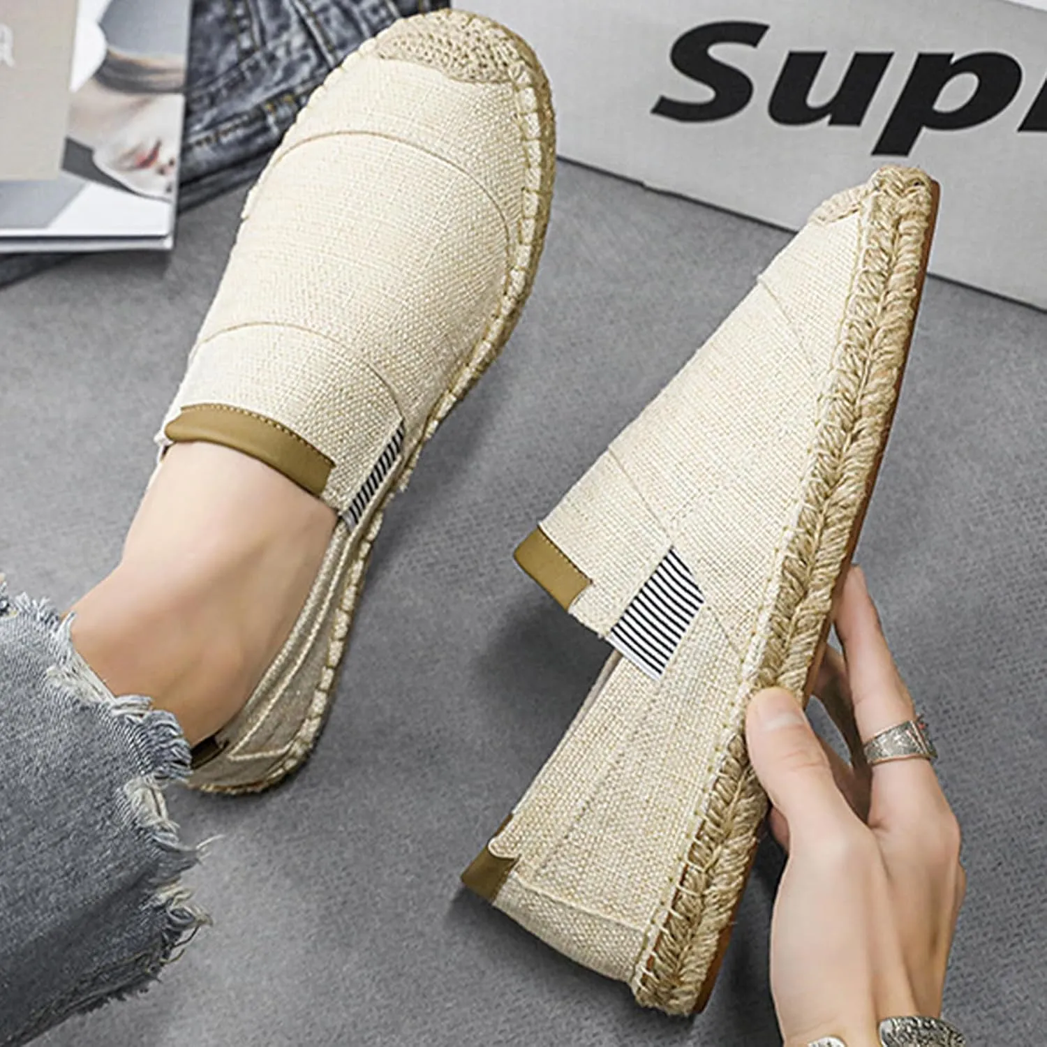 MILDSEVEN Fashion Men's Traditional Chinese Linen Shoes, Classics Slip On Casual Footwear, Retro Handmade Soft Breathable Loafers,6.5,Beige